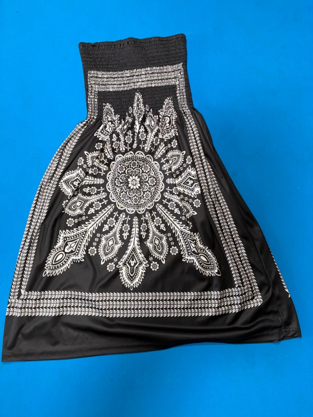 VENUS Black and White Strapless Smocked Maxi Dress with Mandala Print